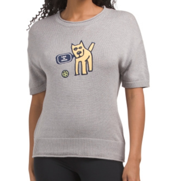 Life Is Good Sweaters - LIFE IS GOOD Women's Knit Sweater Tee Dog Graphic Grey Cotton Pullover Whimsical